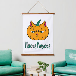 Tapisserie Suspendue Hocus pawcus Halloween citrouille ginger cat magie
