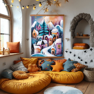 Tapisserie Suspendue Illustration fantasque du village d'hiver