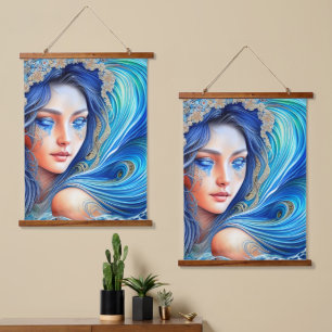 Tapisserie Suspendue Imaginaire Blue Ocean Wave Goddess Art Abstrait