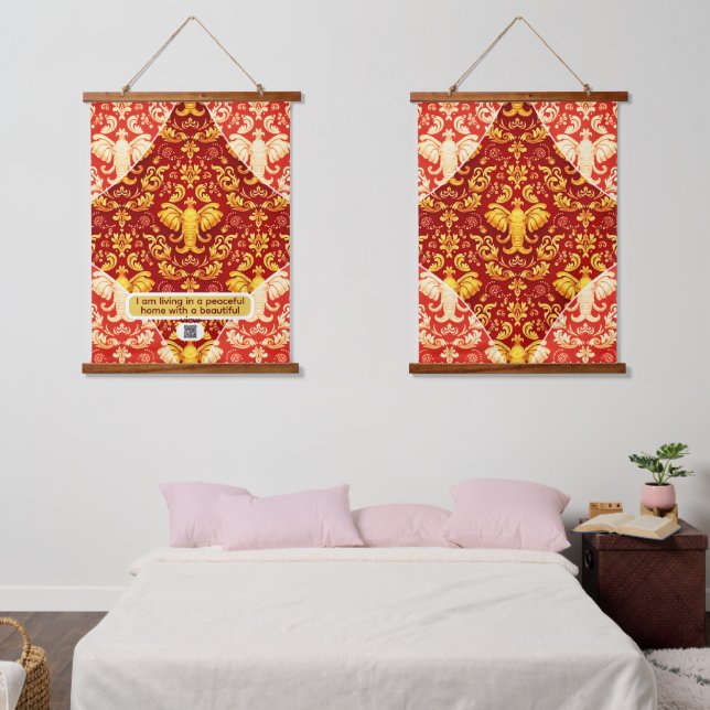 Tapisserie Suspendue Immersive Design: Radiant Gold Elephants on Deep C (Chambre à coucher)