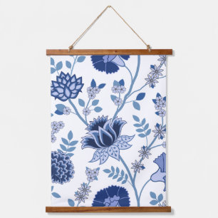 Tapisserie Suspendue Jacobean Floral Lg Motif Bleu sur Blanc