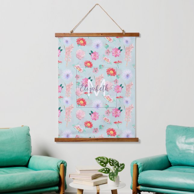Tapisserie Suspendue Jardin bleu rose moderne Floral (Salon)