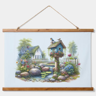 Tapisserie Suspendue Jardin de maisonnette à l'aquarelle avec nichoir à
