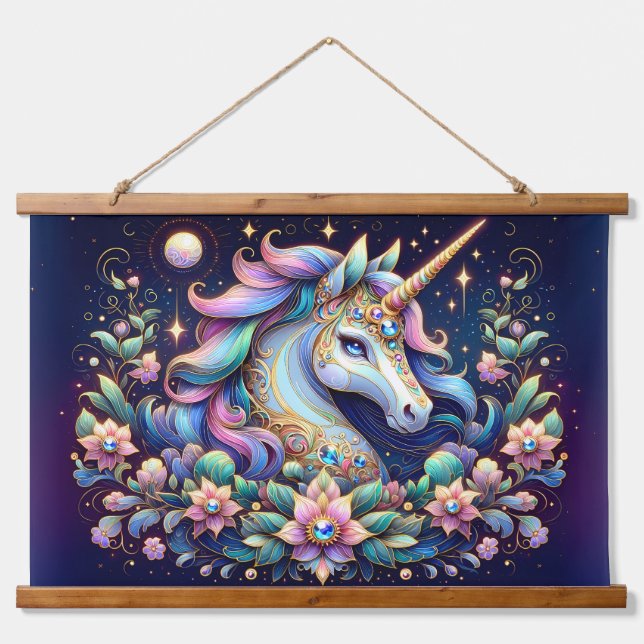 Tapisserie Suspendue Jewel Toned Unicorn Floral Fantasy (Devant)