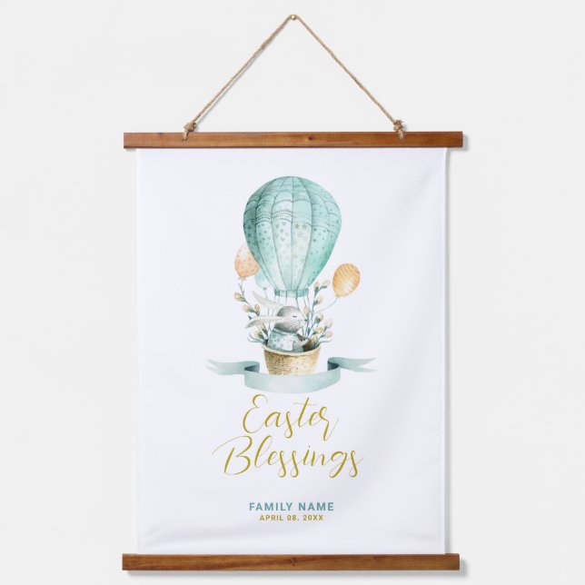 Tapisserie Suspendue Joli lapin de Pâques dans un ballon chaud, texte p (Recto)