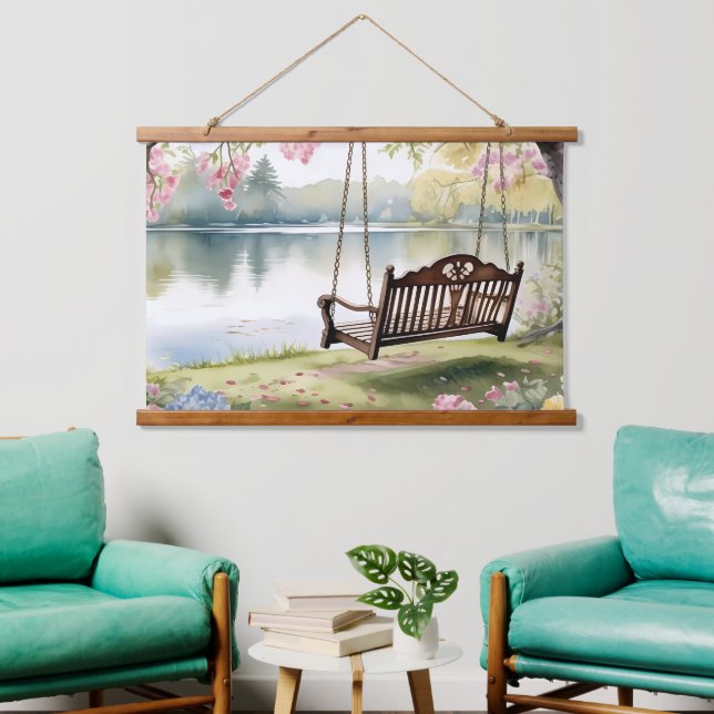 Tapisserie Suspendue Lakeside Swing dans le jardin d'aquarelle romantiq (Salon)