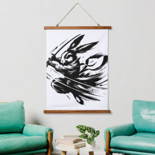 Tapisserie Suspendue Lapin Guerrier à l'Encre Noire Samouraï