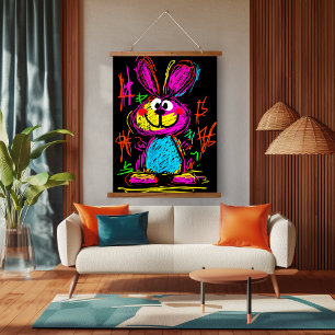 Tapisserie Suspendue Lapin Néon Art Pop : Ludique et Vibrant