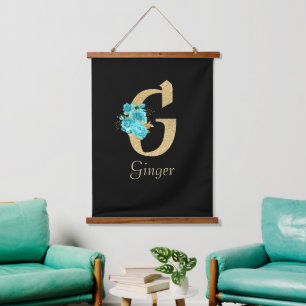 Tapisserie Suspendue LETTRE Florale G Or & Aqua fantaisie