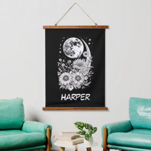 Tapisserie Suspendue lune noire et fleurs customisées du nom