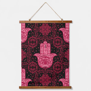 Tapisserie Suspendue Magenta et noir Hamsa main bonne fortune