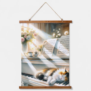 Tapisserie Suspendue Maison de Cat Félin au Piano Ensoleillé Rêveuse