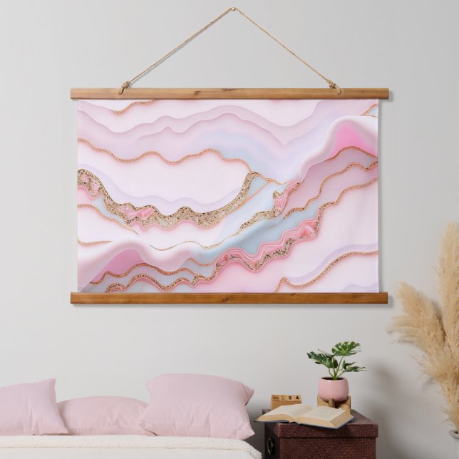 Tapisserie Suspendue Marbre Agate Moderne Bleu Rose Collection Or (Chambre à coucher)