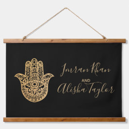 Tapisserie Suspendue Mariage indien Enregistrer la date Gold hamsa Henn