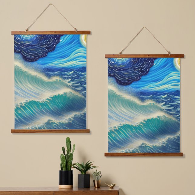 Tapisserie Suspendue Mer scintillante de bleu au clair de lune (Asymétrique)