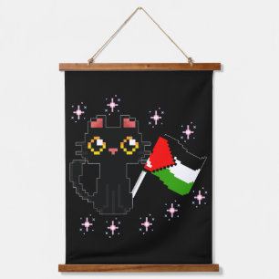 Tapisserie Suspendue mignon chat noir tient drapeau de la Palestine