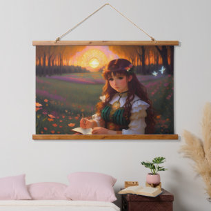 Tapisserie Suspendue Mignonne Sad Anime Style Femme dans le pré au couc