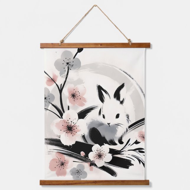 Tapisserie Suspendue Minimalist Zen Ink Bunny Cherry Blossoms (Recto)