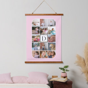 Tapisserie Suspendue Monogramme, 14 photo collage ronds coins roses