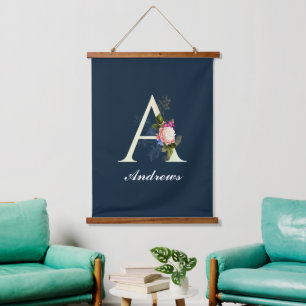 Tapisserie Suspendue Monogramme floral élégant Un bleu foncé