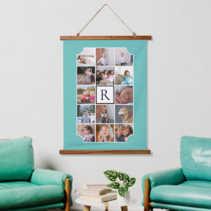 Tapisserie Suspendue Monogramme photo coins courbes turquoises