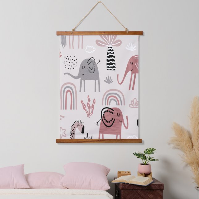 Tapisserie Suspendue motif avec de mignons éléphants et girafes géant (Chambre à coucher)