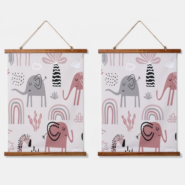 Tapisserie Suspendue motif avec de mignons éléphants et girafes géant (Double)