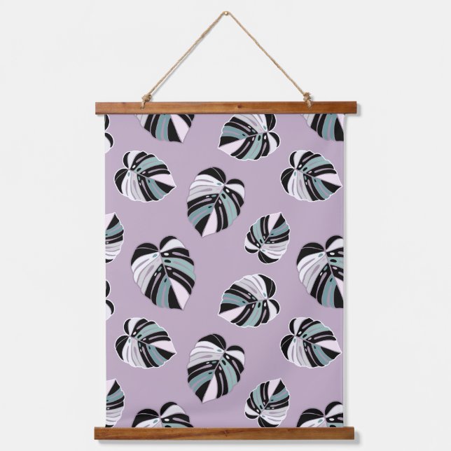 Tapisserie Suspendue Motif feuille de Monstera - vert pourpre noir blan (Recto)