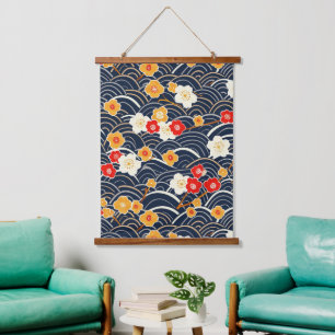 Tapisserie Suspendue Motif floral de fleur de prunier à vague japonaise