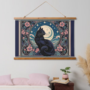 Tapisserie Suspendue Mystique Chat Noir Art Nouveau Metal Impression