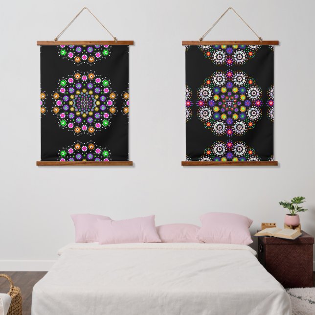 Tapisserie Suspendue Noir, Rose, Violet Mandala Art Abstrait (Chambre à coucher)