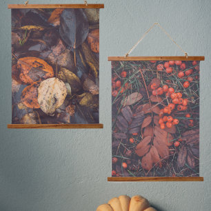 Tapisserie Suspendue Novembre : baies rouges et feuilles d'automne brun