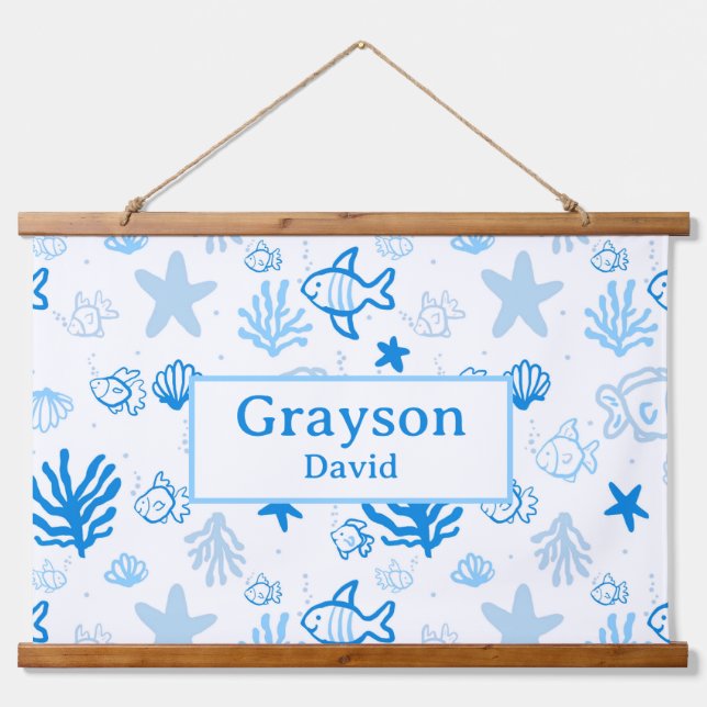 Tapisserie Suspendue Ocean Fish Nom personnalisé Nursery Boys Room Art (Devant)