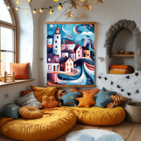 Œuvre d'art fantaisiste de village côtier