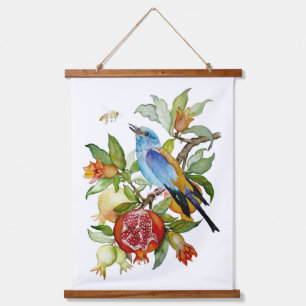 Tapisserie Suspendue Oiseau bleu parmi les grenades Botanique à l'aquar