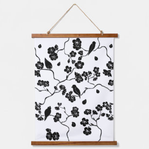 Tapisserie Suspendue Oiseaux à motif noir et blanc sur fleurs de cerisi