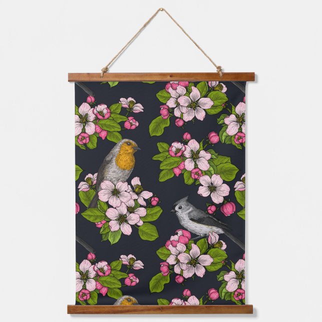 Tapisserie Suspendue Oiseaux et fleurs en noir (Recto)