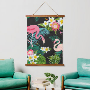 Tapisserie Suspendue Oiseaux tropicaux Fleurs Flamant rose Paysage aqua