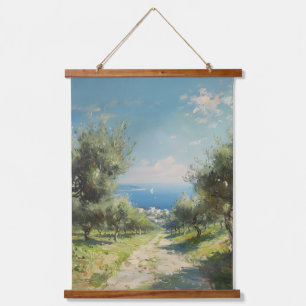 Tapisserie Suspendue Oliveraie avec village côtier et mer