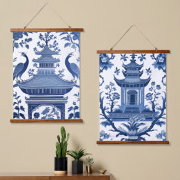 TAPISSERIE SUSPENDUE PAGODES CHINOISERIE EN BLEU 1 & 2
