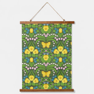 Tapisserie Suspendue Pansies jaunes, oiseaux et papillons