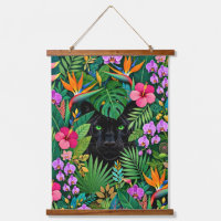 Panthère noire Fleurs de jungle et feuillage tropi