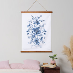 Tapisserie Suspendue Papier Bleu Toile Régence Chinoiserie Aquarelle Fl