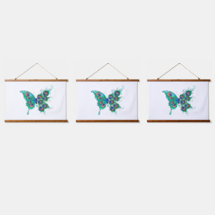 Tapisserie Suspendue Papillon avec plumes de paon vertes