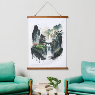 Tapisserie Suspendue Paysage antique de l'encre chinoise avec cascade