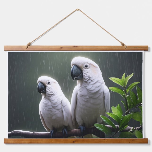Tapisserie Suspendue Perroquets blancs perchés dans la pluie (Devant)