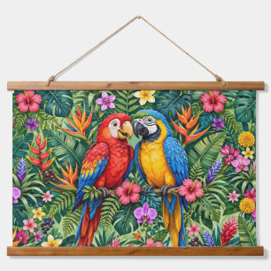 Tapisserie Suspendue Perroquets de la jungle Macaws Fleurs Vibrantes Jo