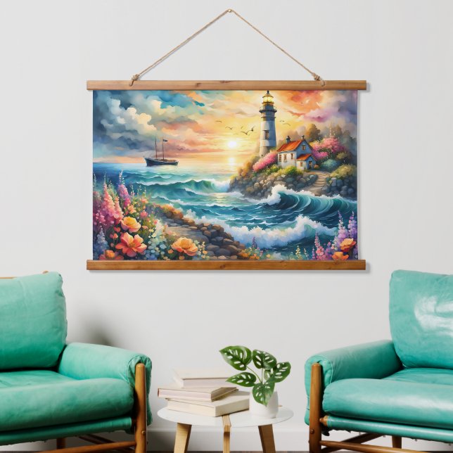 Tapisserie Suspendue Phare Jardin floral sur la mer (Salon)
