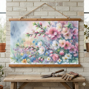 Tapisserie Suspendue Pluie de printemps Fleur aquarelle Cottagecore