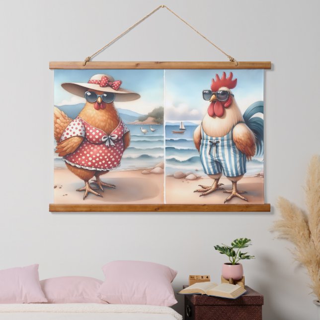 Tapisserie Suspendue Poulets en maillots de bain en bord de mer (Chambre à coucher)